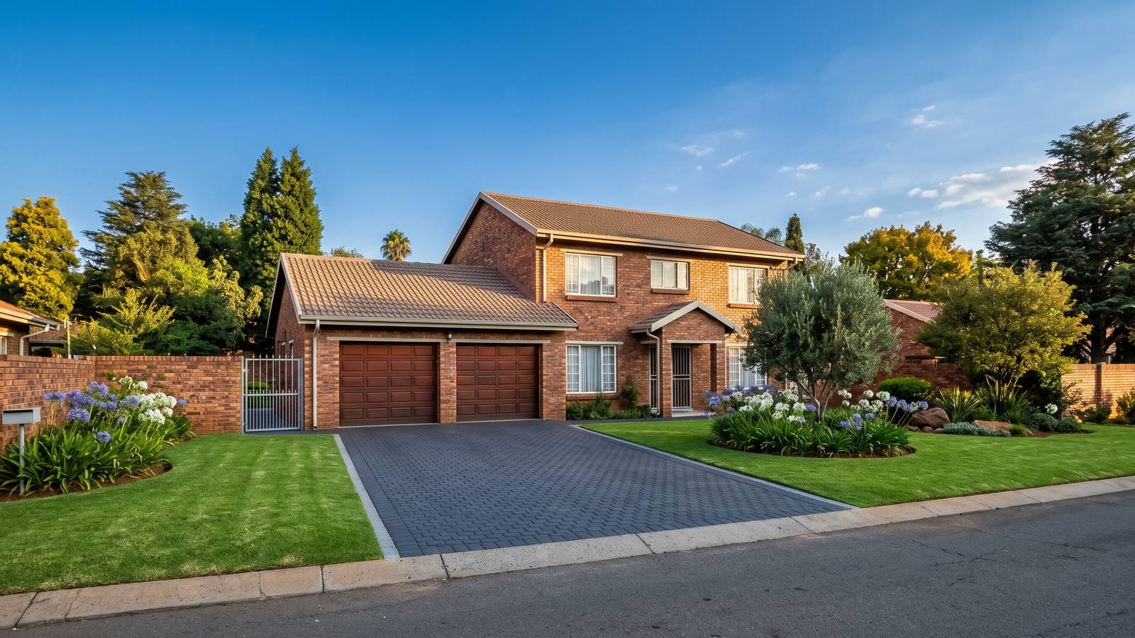 Charcoal cobble paving johannesburg driveway in front of a face-brick double-storey home with a double garage and green lawn.