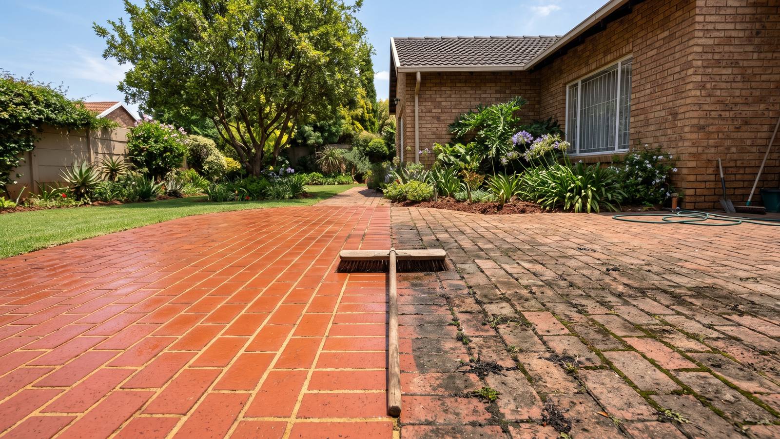 Clay brick patio after paving cleaning, with the cleaned half bright red beside a half still dark with dirt and moss.