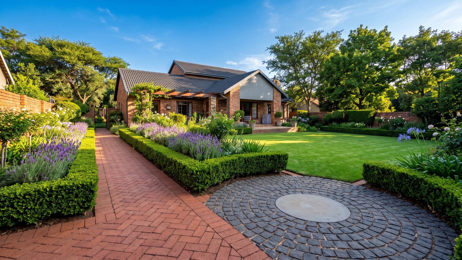 Herringbone brick path meeting a circular cobble garden paving feature among clipped hedges and a lawn.