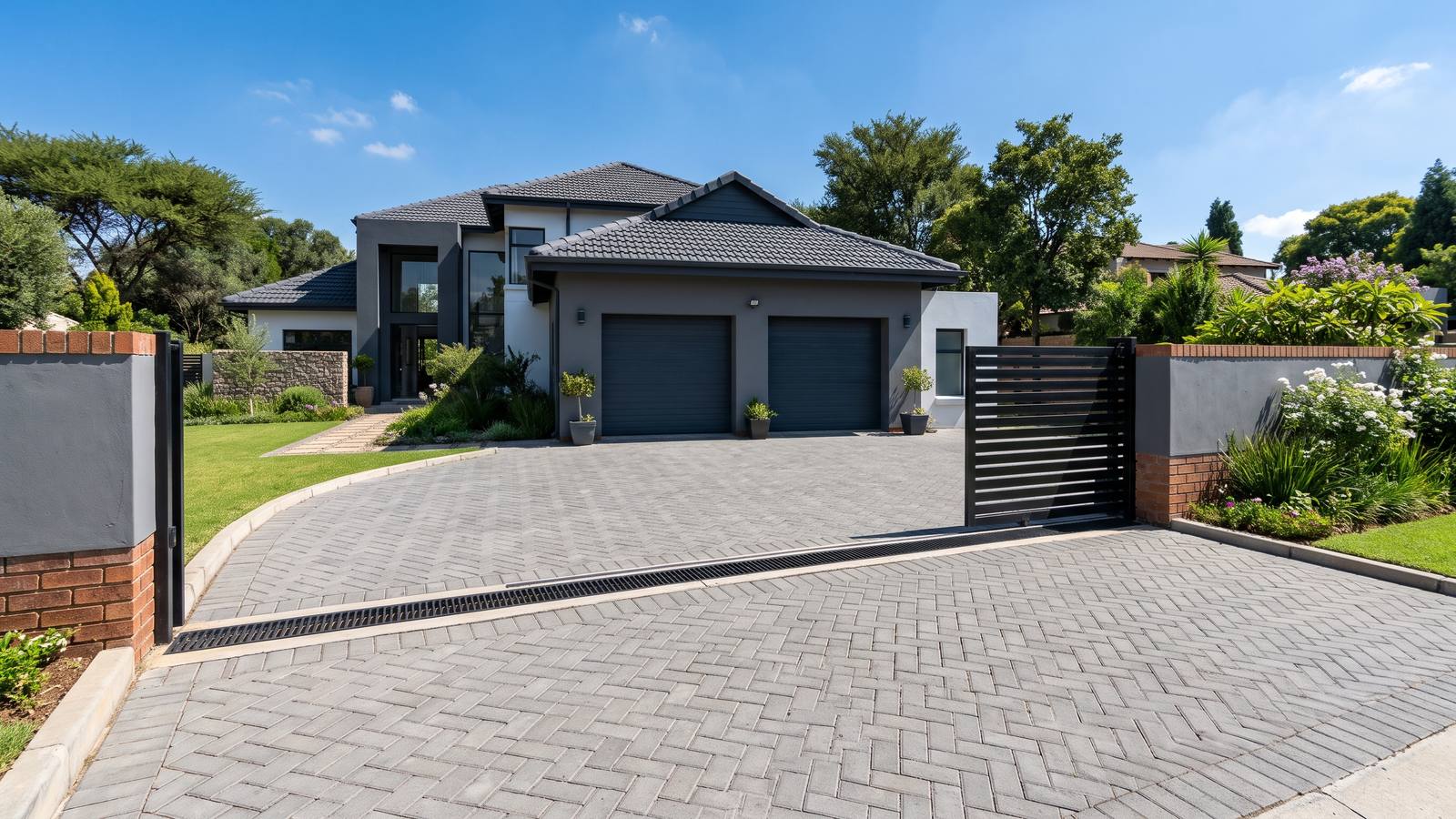 Grey herringbone driveway paving johannesburg estate home with a sliding gate, kerb edging and a channel drain at the garage.