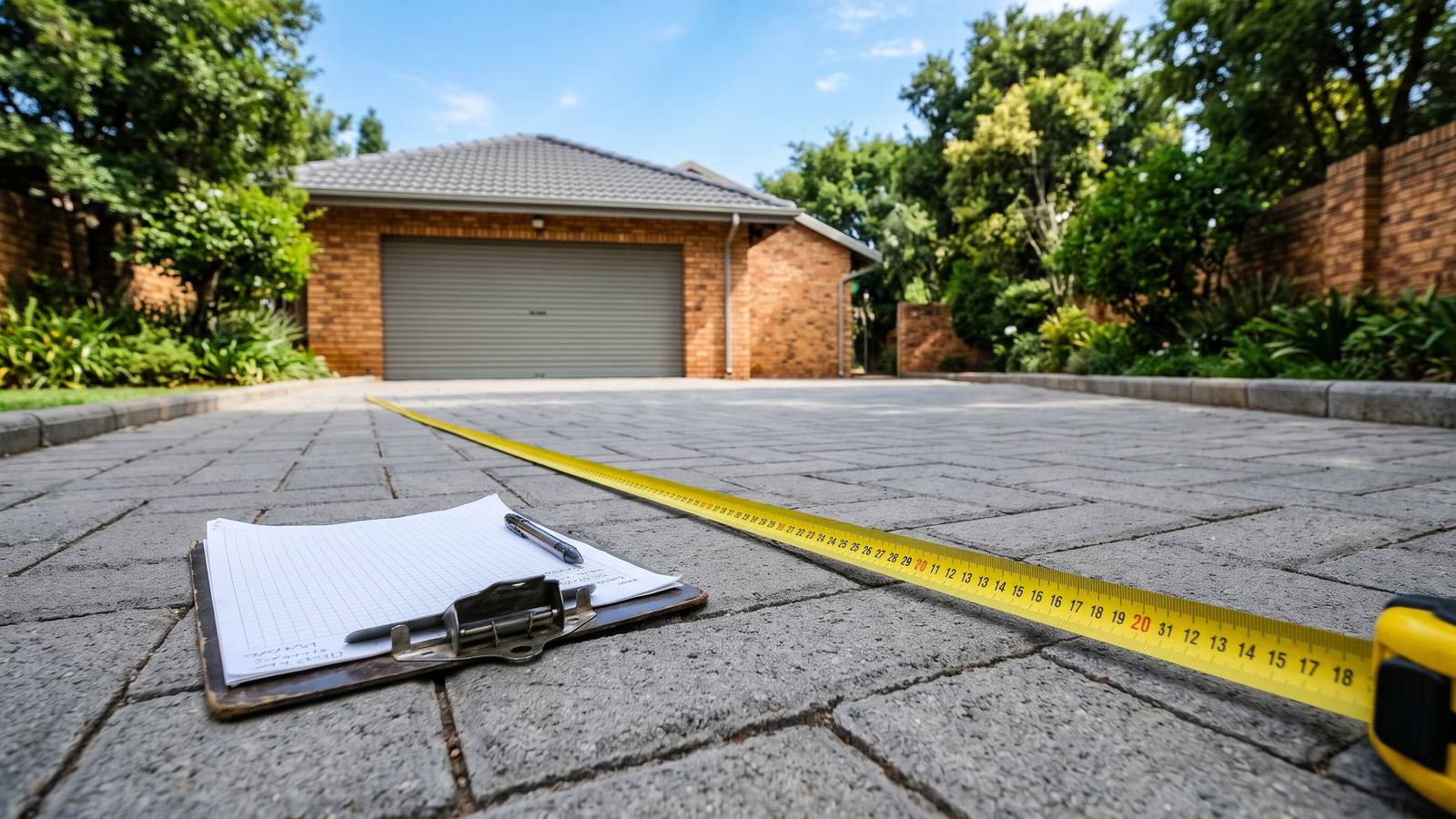 Tape measure stretched across a grey concrete paver driveway to work out paving prices per square metre.