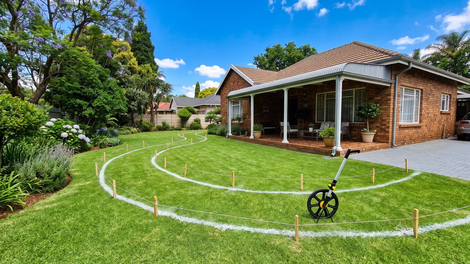 Spray-paint marks and a measuring wheel on a lawn where a new paved path is set out for a quote.