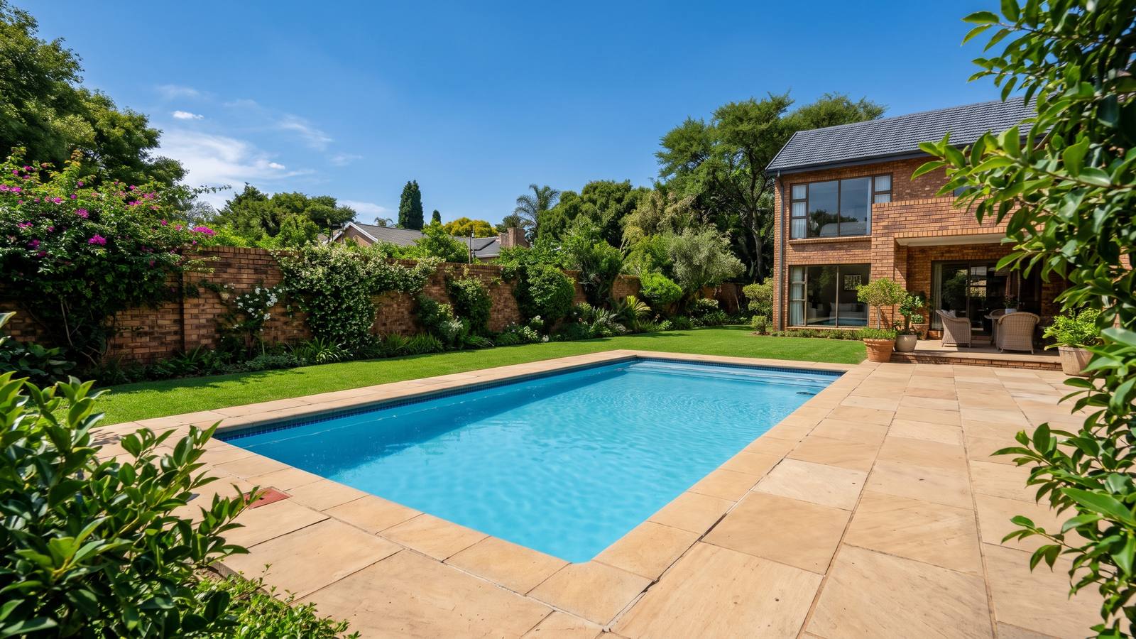 Sandstone-coloured bullnose pool coping edging a blue swimming pool, with matching pool paving and a lawn beyond.